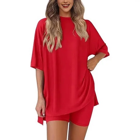 Women Casual Loungewear Set Round Neck Split Hem Oversized Half Sleeve Top And High Waist Cycling Shorts Top And Bottom Suit