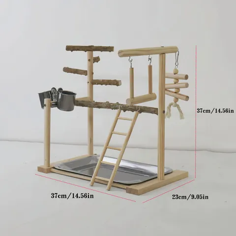 Soporte de Madera Natural para Pájaros Percha Multicapa para Loros Con Escalera de Escalada Columpio Cuencos de Acero Inoxidable Juguete