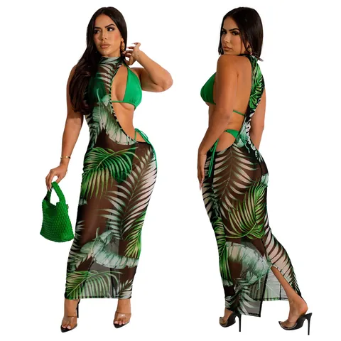 Women's Bikini Top Bikini Bottom And Mesh Dress Tropical Leopard Print Beach Outfits Sexy Patchwork Summer Swimwear