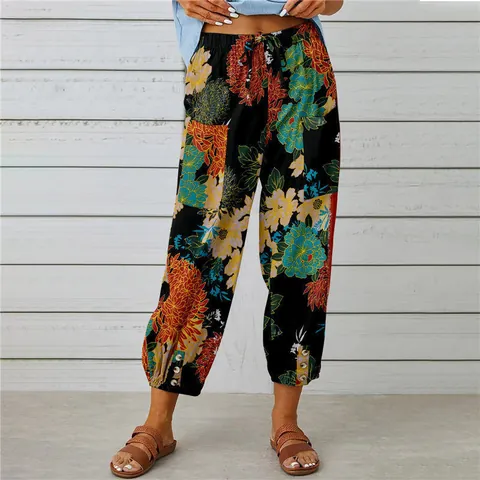 Women Vintage Floral Print High Waist Drawstring Cropped Pants Casual Cotton Linen Blend Tapered Bottoms Jogger Trousers