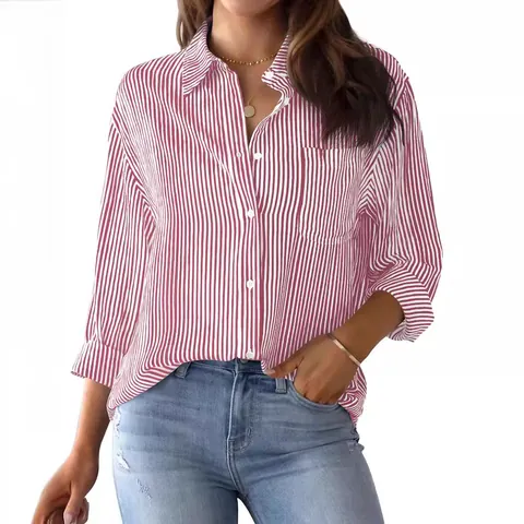 Women Striped Long Sleeve Button Down Shirt Polyester Spandex Casual Lapel Collar Blouse Top With Chest Pocket