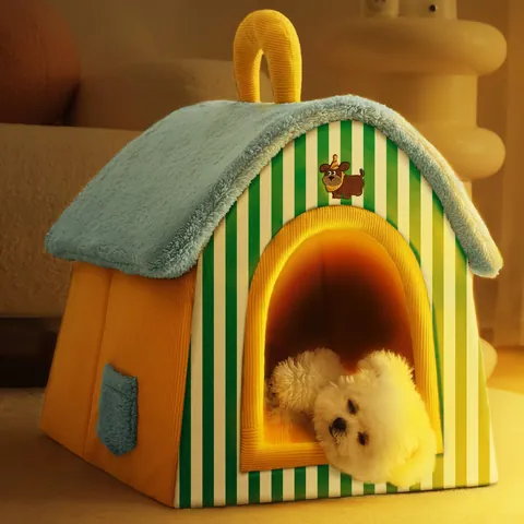 Maison pour Chat et Chien Lit Hiver Chaud Enclos Nid pour Animaux Velours Côtelé Douce Peluche Rayée Amovible Lavable Grotte de Sommeil