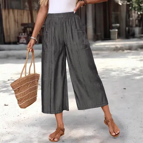 Women Casual Wide Leg Culottes Summer Loose High Waist Pants with Pockets Polyester Woven Seven-Point Capri Trousers