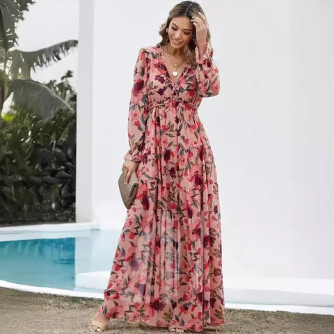 Women's Fashion V-Neck Long Sleeve Floral Print Maxi Dress Elegant Tiered Cake Skirt Evening Gown Party Dress