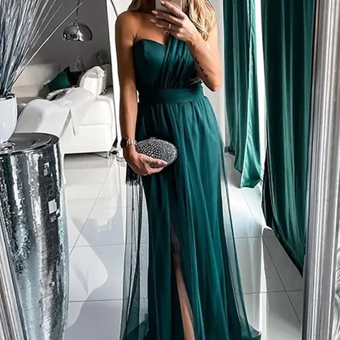 Elegant One Shoulder High Slit Maxi Evening Dress For Women Solid Color Polyester Satin Tulle Patchwork Prom Party Gown