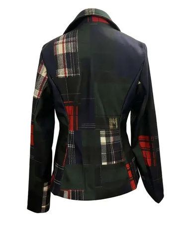 Women Casual Checkered Woolen Blazer Coat Vintage Double Breasted Patchwork Plaid Suit Jacket Office Lady Outerwear Lapel Top
