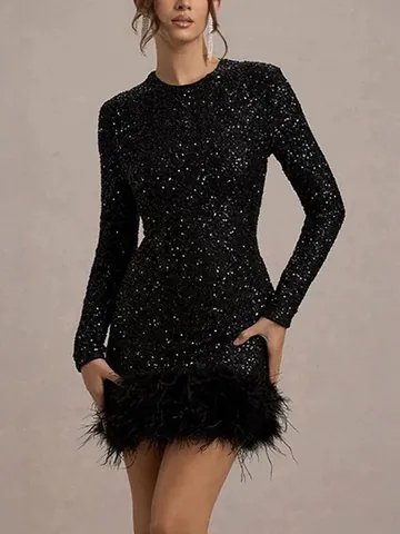 Women Sexy Sequin Feather Mini Dress Long Sleeve Round Neck Bodycon Banquet Party Evening Dress Slim Fit Luxury Sparkly Dress