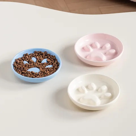 Keramische Kattenpoot Langzame Voerbak Met Verhoogde IJzeren Standaard Voor Katten Kleine Honden Anti-Stik Voerbak Gezond Eten