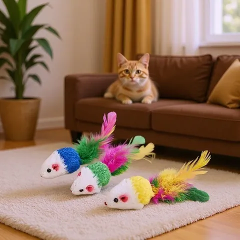 Colorful Feather Tail Squeaky Mouse Toy Realistic Plush Cat Toy For Indoor Self-play Interactive Teething Cleaning Toy For Cats