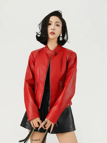 Women Fashion PU Faux Leather Short Jacket Stand Collar Slim Fit Long Sleeve Moto Biker Jacket Solid Color Zipper Outerwear