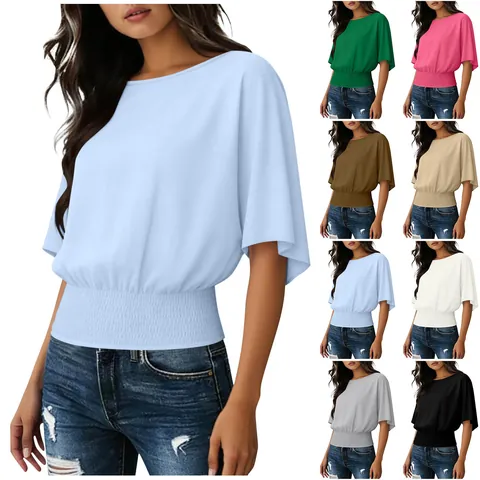 Women Round Neck Smocked Waist Short Sleeve Top Casual Solid Color Polyester Batwing Sleeve T-Shirt Loose Fit Fashion Apparel