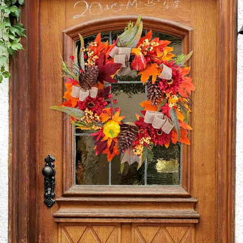 Autumn Artificial Wreath With Red Sunflowers Maple Leaves Pine Cones And Pumpkins For Front Door Wall Hanging Harvest Festival Home Decor