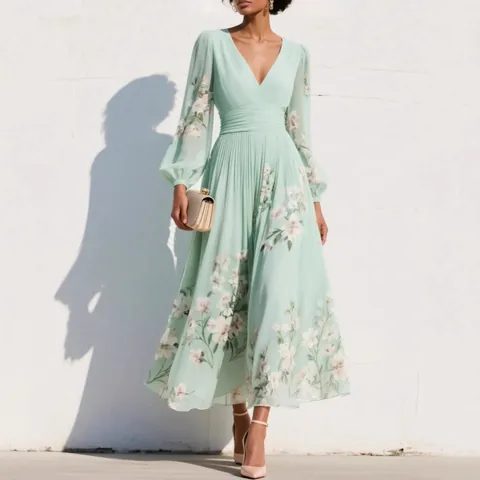 Women V-Neck Long Sleeve Floral Digital Print Pleated Maxi Dress Elegant Polyester Streetwear Office Commute Long Dress