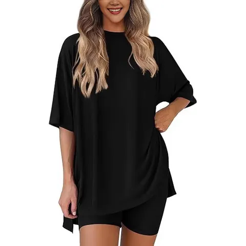 Women Casual Loungewear Set Round Neck Split Hem Oversized Half Sleeve Top And High Waist Cycling Shorts Top And Bottom Suit