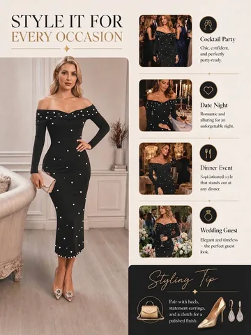 Elegant Women Off-Shoulder Bodycon Midi Dress Long Sleeve Solid Color Artificial Pearl Beaded Evening Party Dress