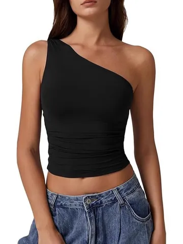 Top Corto Fruncido de Un Hombro Sexy para Mujer Camiseta sin Mangas de Verano Color Sólido Ajuste Ceñido Top Casual de Poliéster