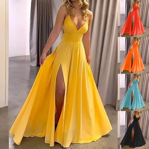 Women Sexy V-Neck Backless Maxi Dress Sleeveless Spaghetti Strap High Split Long Beach Sun Dress For Summer Party Elegant Solid Color Polyester
