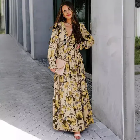 Women's Fashion V-Neck Long Sleeve Floral Print Maxi Dress Elegant Tiered Cake Skirt Evening Gown Party Dress