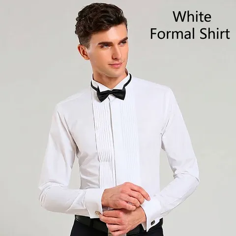 Men Formal Tuxedo Dress Shirt Wing Tip Collar Pleated Front French Cuff Business Wedding Performance Shirt With Bow Tie