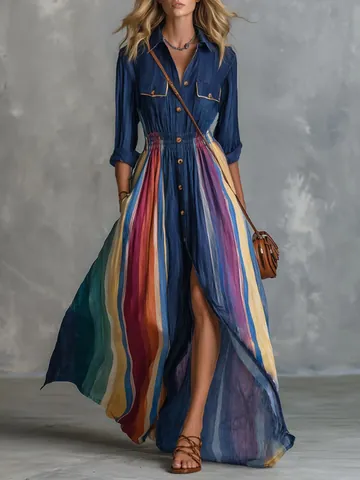 Women's Vintage Navy Blue Patchwork Striped Maxi Dress Shirt Collar Long Sleeve High Waist Button Down Bohemian Casual Dress