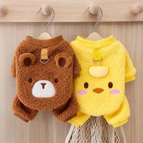Winter Warm Thick Fleece Pet Four-Legged Clothes Cartoon Bear Duck Pattern Dog Jumpsuit With D-Ring Leash Attachment For Small Dogs Cats
