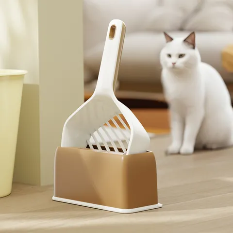 Cat Litter Shovel With Storage Base Minimalist Contrast Color Cat Poop Scooper Hangable ABS Plastic Litter Sifter Pet Cleaning Tool