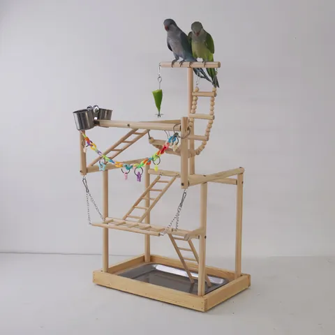 Soporte de Juego de Madera Grande para Loros Gimnasio de Entrenamiento Con Escalera de Escalada Columpio y Bandeja de Acero