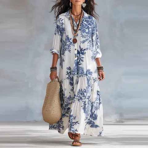Robe Longue de Style Bohème à Imprimé Floral Pour Femmes Manches Longues Col Rabattu Boutonnée Ourlet à Étages Robe Décontractée