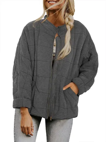 Veste Matelassée pour Femmes avec Col Montant Coupe Ample Manches Longues Couleur Unie Manteau Rembourré Veste en Coton Chaude avec Poches
