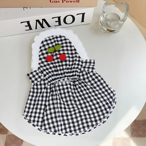 Summer Gingham Pet Dress With 3D Cherry Decoration And Lace Trim Princess Style Dog Clothes For Small Dogs Teddy Bichon Pomeranian