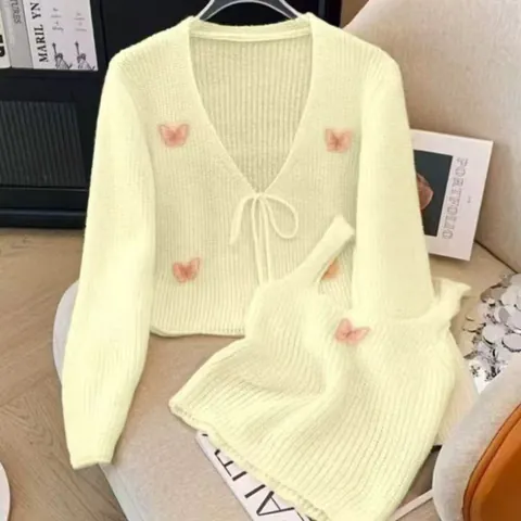 French Style 3D Butterfly Patchwork V Neck Tie Up Cardigan With Camisole Knit Sweater Top And Bottom For Women Spring Autumn