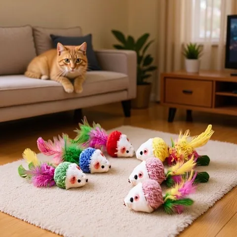 Colorful Feather Tail Squeaky Mouse Toy Realistic Plush Cat Toy For Indoor Self-play Interactive Teething Cleaning Toy For Cats