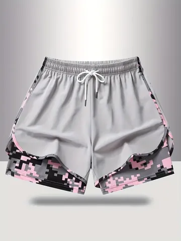 Women's Casual Sports Shorts Two-In-One Design With Camo Lining Drawstring Waist Pockets Running Gym Fitness Bottom
