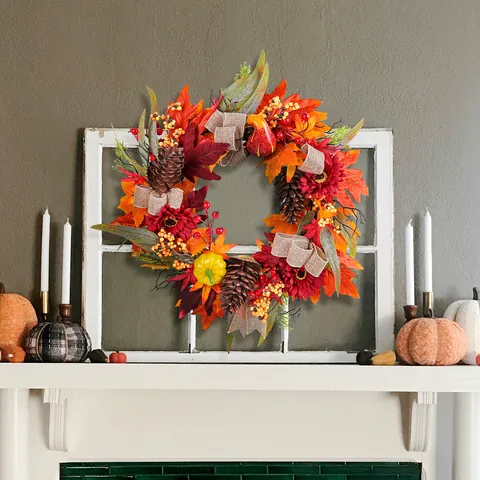 Autumn Artificial Wreath With Red Sunflowers Maple Leaves Pine Cones And Pumpkins For Front Door Wall Hanging Harvest Festival Home Decor