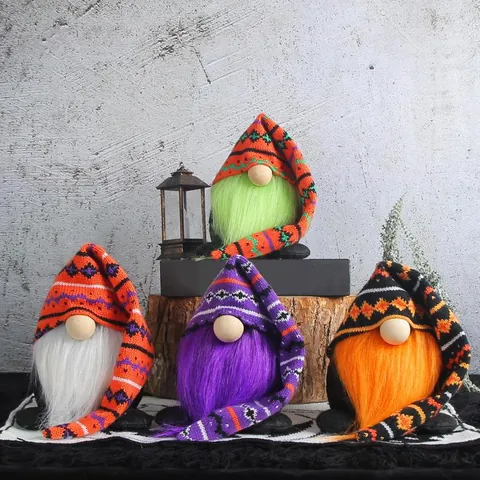 Halloween Knitted Gnome Plush Long Hat Faceless Doll Ornament Nordic Home Festive Tabletop Decoration Orange Green Purple Beard