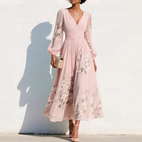 Women V-Neck Long Sleeve Floral Digital Print Pleated Maxi Dress Elegant Polyester Streetwear Office Commute Long Dress