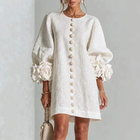 French Vintage 3D Floral Lantern Sleeve Cotton Blend Mini Dress For Women Elegant Round Neck Solid Loose Fit A-Line Dress