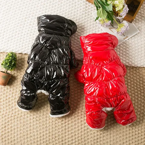 Pet Dog Winter Clothes Thickened Warm Four-Legged Coat Waterproof Glossy Puffer Jacket Hooded Apparel For Teddy Bichon