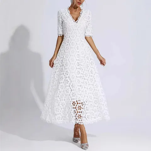 Women Elegant Deep V-Neck Lace Midi Evening Dress White Floral Hollow Out Half Sleeve Party Wedding Dress