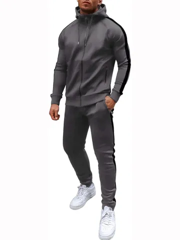 Men's Casual Sport Top And Bottom Full Zip Hooded Sweatshirt Jacket And Jogger Pants Solid Color Side Stripe Gym Workout Outfit
