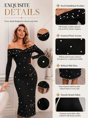 Elegant Women Off-Shoulder Bodycon Midi Dress Long Sleeve Solid Color Artificial Pearl Beaded Evening Party Dress