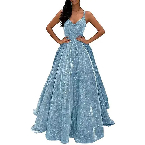 Damen Mode Glitzer Pailletten Langes Abendkleid Spaghettiträger V-Ausschnitt Bankett Party Elegant Polyester Cupro Maxi Kleid