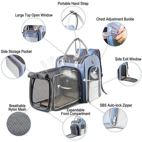 Large Capacity Expandable Pet Backpack Foldable Oxford Cloth Breathable Mesh Cat Dog Carrier For Travel Outdoor Hiking