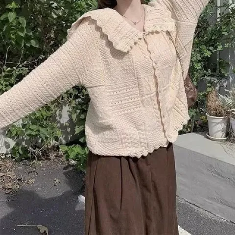Women Sweet Knitted Cardigan Hollow Out Lace Peter Pan Collar Acrylic Sweater Coat Casual Loose Long Sleeve Button Top