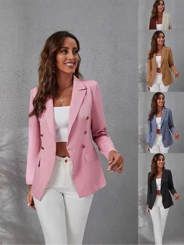 Women Elegant Double Breasted Blazer Jacket Structured Lapel Short Suit Top For Commuting Office Daily Fashion Outerwear