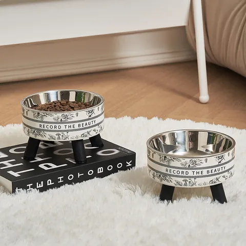 Elevated Stainless Steel Pet Bowl Ergonomic Cervical Protection Anti Slip Cat Dog Food Water Feeder Printed Vintage Floral Checkered Pet Feeding Bowl