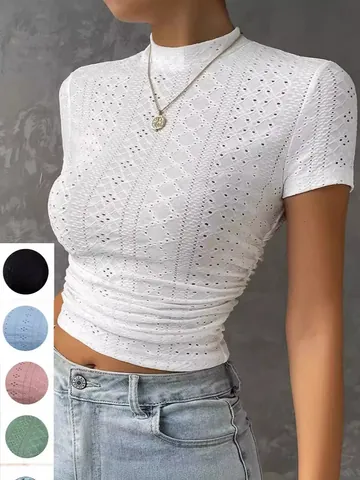 Women Pointelle Knit Ruched Crop Top Short Sleeve Round Neck Slim Fit Top Streetwear Solid Color Casual Polyester T-Shirt