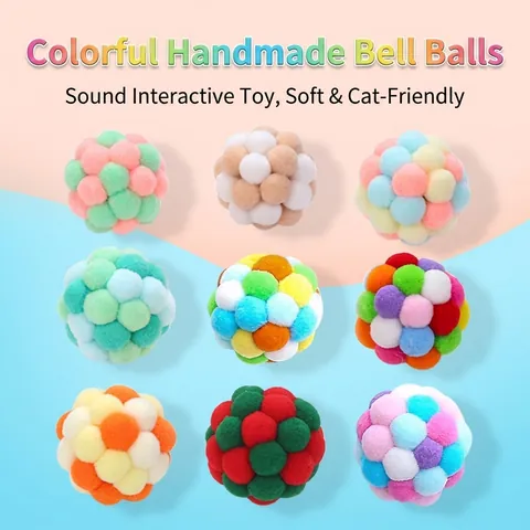 Colorful Handmade Plush Bell Ball Cat Toy Interactive Elastic Pom-pom Ball For Indoor Cats Kittens Bite Resistant Playing Pet Supplies