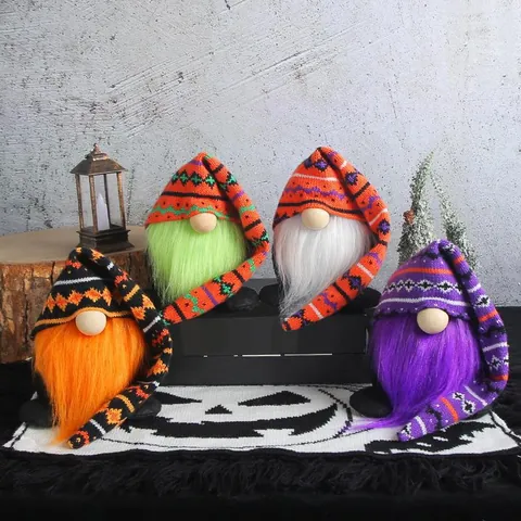 Halloween Knitted Gnome Plush Long Hat Faceless Doll Ornament Nordic Home Festive Tabletop Decoration Orange Green Purple Beard