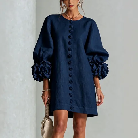 French Vintage 3D Floral Lantern Sleeve Cotton Blend Mini Dress For Women Elegant Round Neck Solid Loose Fit A-Line Dress